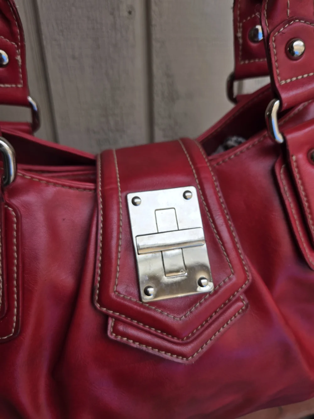 Vintage Red Women's Satchel Handbag with Silver Lock Detail